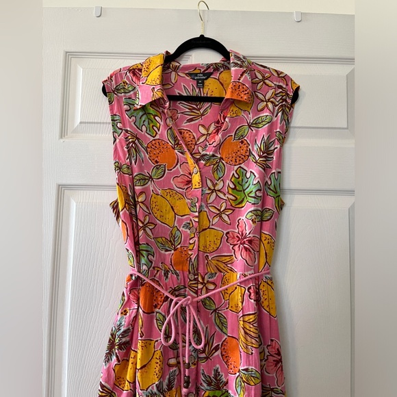 mlle Gabrielle pink cotton double-lined button up tiered tropical midi dress - Picture 2 of 5